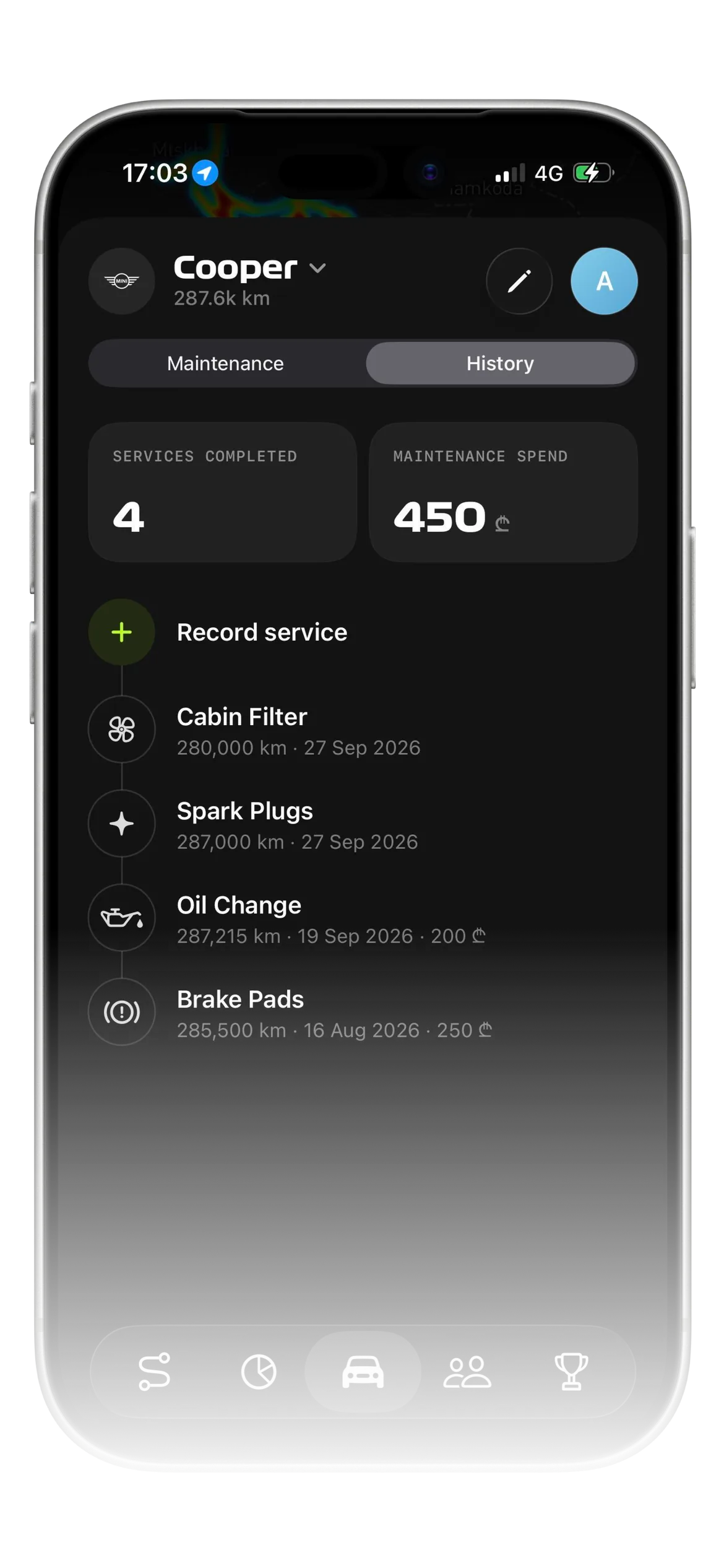 Mileon service history with completed services, dates, mileage, and cost